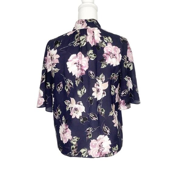 Rebecca Taylor Silk Blend Navy Magnolia Floral Button Front Scarf Blouse 4 - Picture 3 of 7